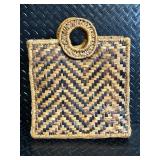 Woven Palm Leaf Handbag with Round Ring Handle - Natural Tan & Dark Zigzag Pattern