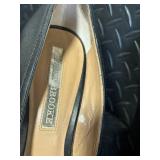 Audrey Brooke Black Leather Peep-Toe Wedge Heels - Gold Circular Medallion Toe Emblem