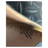 Audrey Brooke Black Leather Peep-Toe Wedge Heels - Gold Circular Medallion Toe Emblem