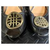 Audrey Brooke Black Leather Peep-Toe Wedge Heels - Gold Circular Medallion Toe Emblem