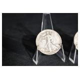 Three Walking Liberty Half Dollars (U.S. 1916-1947) on Display Stands