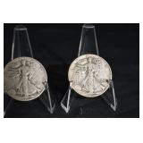 Three Walking Liberty Half Dollars (U.S. 1916-1947) on Display Stands