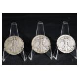 Walking Liberty Half Dollar Trio - 3 Silver US Coins in Acrylic Stands