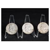 Franklin Half Dollars - 3 Coins, 1950s US 50c Silver