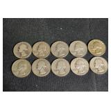 lot of 10 90% Silver Washington Quarters