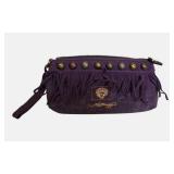 Ed Hardy purple suede clutch with fringe, wristlet strap, and studs.