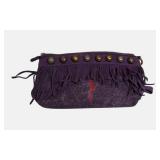 Ed Hardy purple suede clutch with fringe, wristlet strap, and studs.