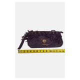 Ed Hardy purple suede clutch with fringe, wristlet strap, and studs.
