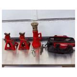 20-ton capacity mechanical screw jack. Two Torin Big Red 3 Ton Steel Jack Stands. And accessories and tool bank
