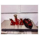 20-ton capacity mechanical screw jack. Two Torin Big Red 3 Ton Steel Jack Stands. And accessories and tool bank