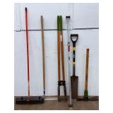 Lot of 6 Heavy-Duty Landscaping & Construction Hand Tools: Post Hole Digger, Tamper, Shovel, Pick Mattock & Broom