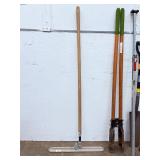 Lot of 6 Heavy-Duty Landscaping & Construction Hand Tools: Post Hole Digger, Tamper, Shovel, Pick Mattock & Broom