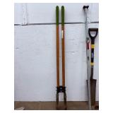 Lot of 6 Heavy-Duty Landscaping & Construction Hand Tools: Post Hole Digger, Tamper, Shovel, Pick Mattock & Broom