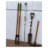 Lot of 6 Heavy-Duty Landscaping & Construction Hand Tools: Post Hole Digger, Tamper, Shovel, Pick Mattock & Broom