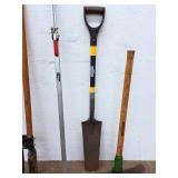 Lot of 6 Heavy-Duty Landscaping & Construction Hand Tools: Post Hole Digger, Tamper, Shovel, Pick Mattock & Broom