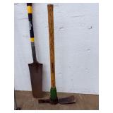 Lot of 6 Heavy-Duty Landscaping & Construction Hand Tools: Post Hole Digger, Tamper, Shovel, Pick Mattock & Broom