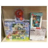 LOT OF 4 Bluey Endless Shopping Fun Playset, Nuby Easy Go Booster Seat, Bath Toys
