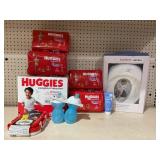 LOT OF Toddler Huggies Diapers Size 7, Healing Ointment (Open), BabyBjörn Potty Training Seat, Toddler Sippy Cups & Lunch Box