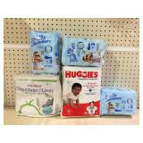 LOT OF Huggies Little Swimmers Size 3, Huggies Complete Protection Size 4 & Slipcover For Play Yard