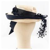 Rolton Chicago Vintage Hat - Beige Straw with Black Net Veil & Ribbon. Size 22