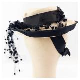 Rolton Chicago Vintage Hat - Beige Straw with Black Net Veil & Ribbon. Size 22