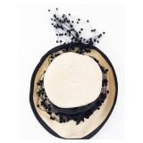 Rolton Chicago Vintage Hat - Beige Straw with Black Net Veil & Ribbon. Size 22