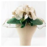 Green Straw Hat with Cream Floral Accent, Net Veil, and Ribbon Trim - Vintage Style