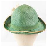 Green Straw Hat with Cream Floral Accent, Net Veil, and Ribbon Trim - Vintage Style