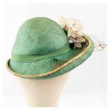 Green Straw Hat with Cream Floral Accent, Net Veil, and Ribbon Trim - Vintage Style