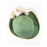 Green Straw Hat with Cream Floral Accent, Net Veil, and Ribbon Trim - Vintage Style