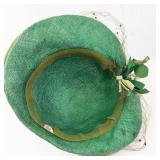 Green Straw Hat with Cream Floral Accent, Net Veil, and Ribbon Trim - Vintage Style