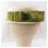 Harold Minneapolis Ivory Cloche Hat with Green Velvet Ribbon & Veil