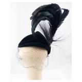 Original Roberta Bernays Black Velvet Pillbox Hat with Feather Plume and Birdcage Veil