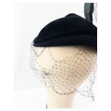 Original Roberta Bernays Black Velvet Pillbox Hat with Feather Plume and Birdcage Veil