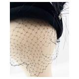 Original Roberta Bernays Black Velvet Pillbox Hat with Feather Plume and Birdcage Veil