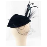 Original Roberta Bernays Black Velvet Pillbox Hat with Feather Plume and Birdcage Veil