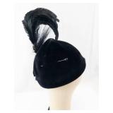 Original Roberta Bernays Black Velvet Pillbox Hat with Feather Plume and Birdcage Veil