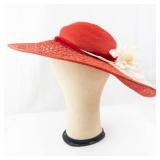 Maurice L Rothschild Hat - Red Straw Wide-Brim with White Floral Accent