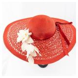 Maurice L Rothschild Hat - Red Straw Wide-Brim with White Floral Accent
