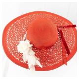 Maurice L Rothschild Hat - Red Straw Wide-Brim with White Floral Accent
