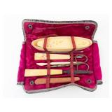 Ivory-Toned Manicure Set in Pink Velvet Case - Vintage Travel Kit
