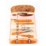 Manicure Set - Vintage Brown Leather Roll with Orange-Handled Tools