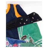 Navy Tank Top w/ Orange Trim - Set of 4 Floral Scarves & Black Embroidered Gloves