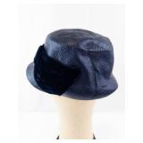 Cloche Hat - Navy Blue Textured with Velvet Bow