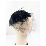Black Satin Pillbox Hat with Net Veil and Feather Accent