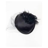 Black Satin Pillbox Hat with Net Veil and Feather Accent