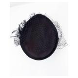 Black Satin Pillbox Hat with Net Veil and Feather Accent