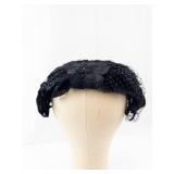 Black Lace Fascinator Headpiece with Net Veil and Floral Accent