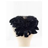 Black Lace Fascinator Headpiece with Net Veil and Floral Accent