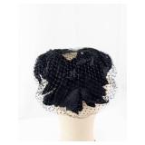 Black Lace Fascinator Headpiece with Net Veil and Floral Accent